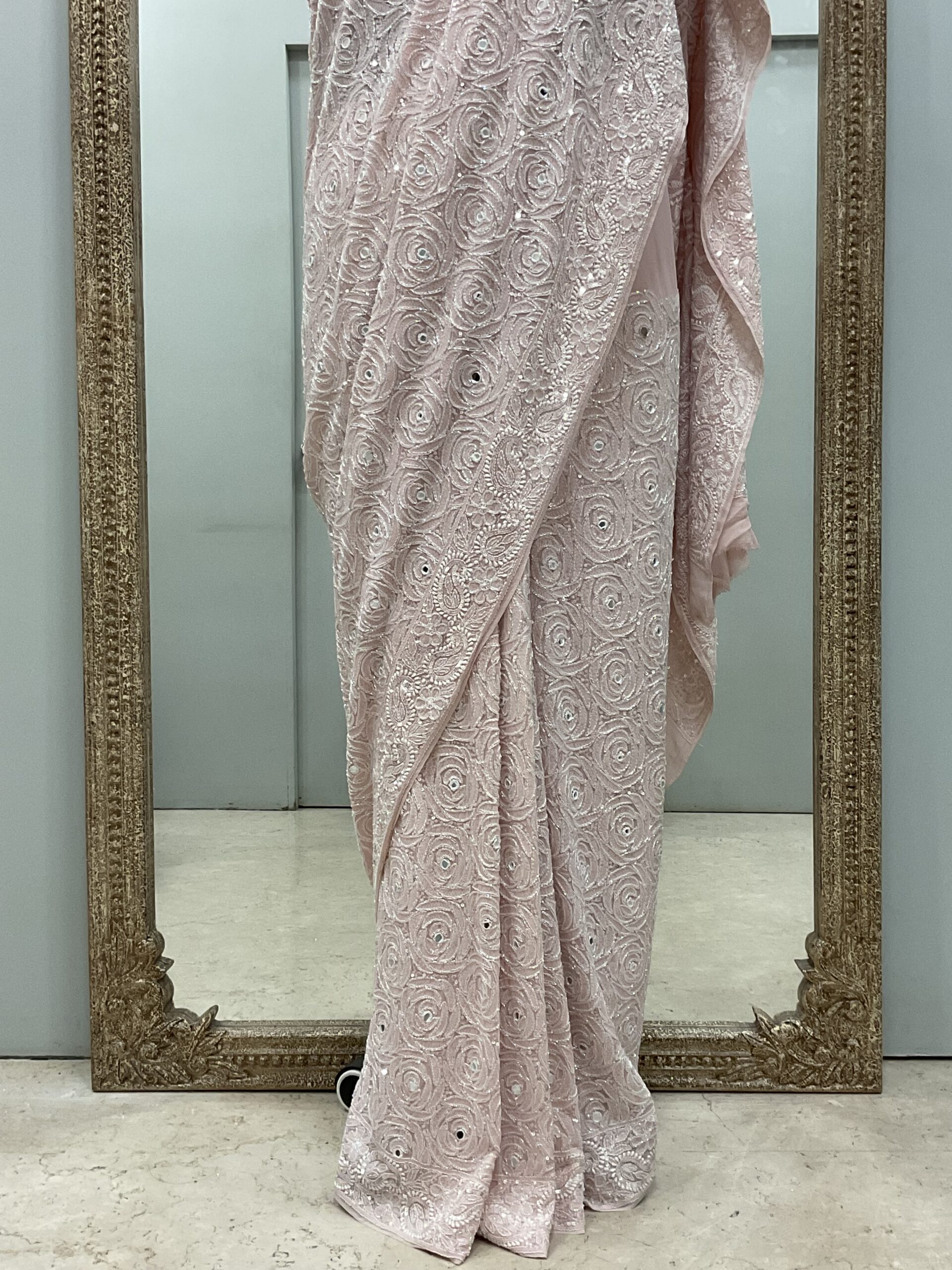 Pure Georgette Saree Superfine Work full jaal with Heavy Cutdana and Sequence ,Mirror Work Gulab Pink