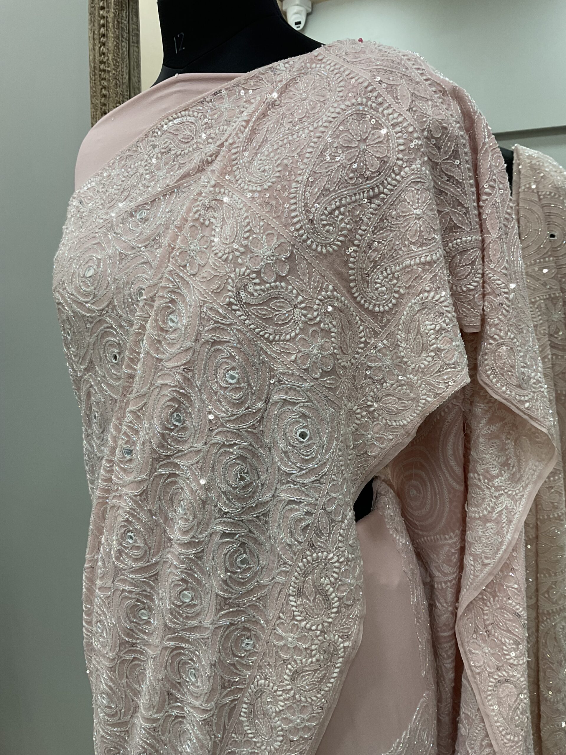 Pure Georgette Saree Superfine Work full jaal with Heavy Cutdana and Sequence ,Mirror Work Gulab Pink