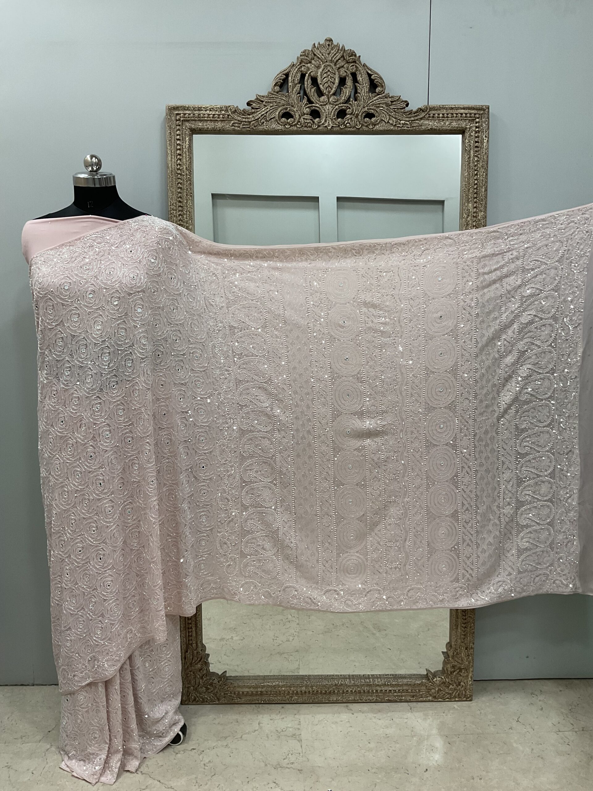 Pure Georgette Saree Superfine Work full jaal with Heavy Cutdana and Sequence ,Mirror Work Gulab Pink