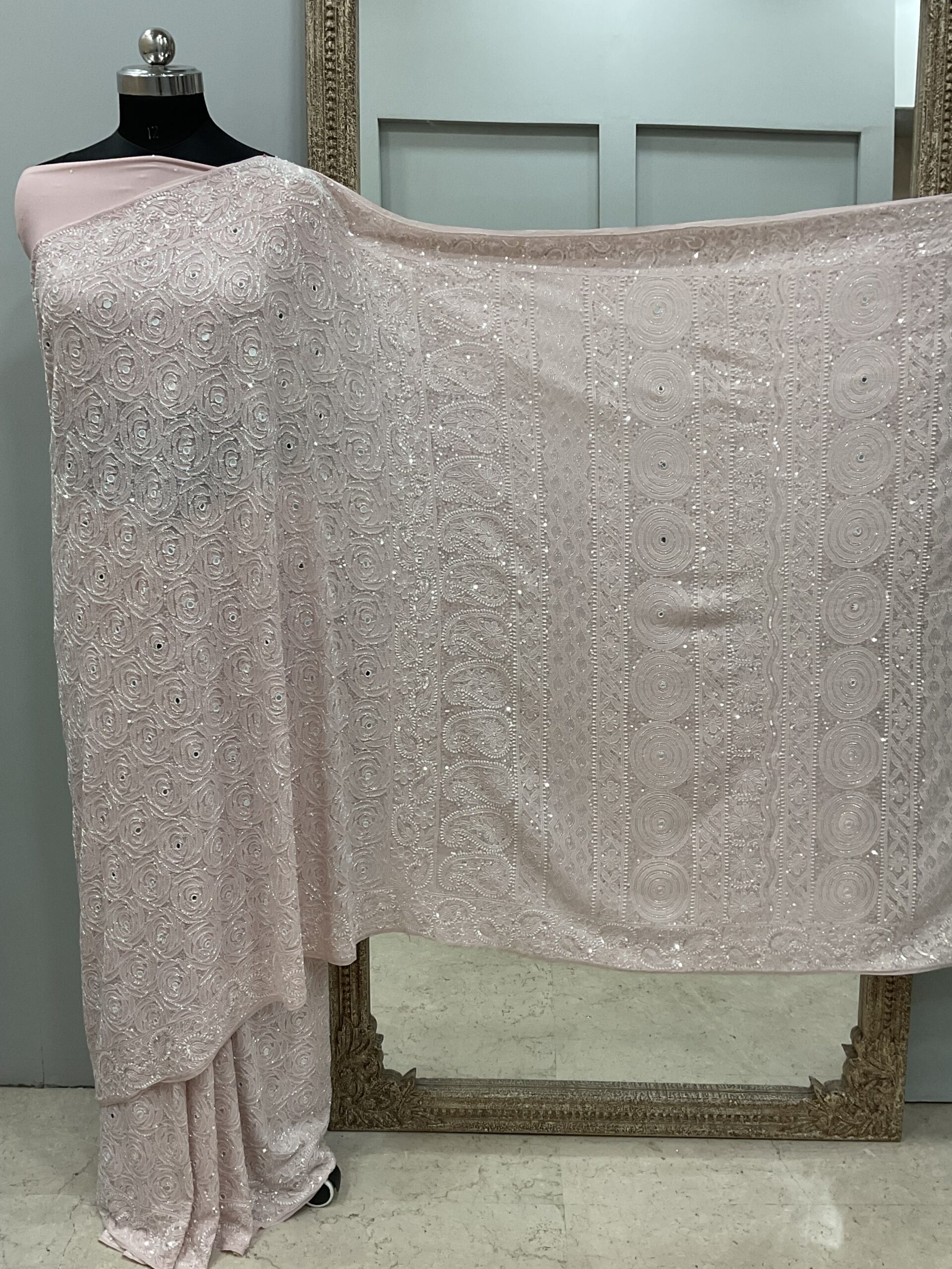 Pure Georgette Saree Superfine Work full jaal with Heavy Cutdana and Sequence ,Mirror Work Gulab Pink