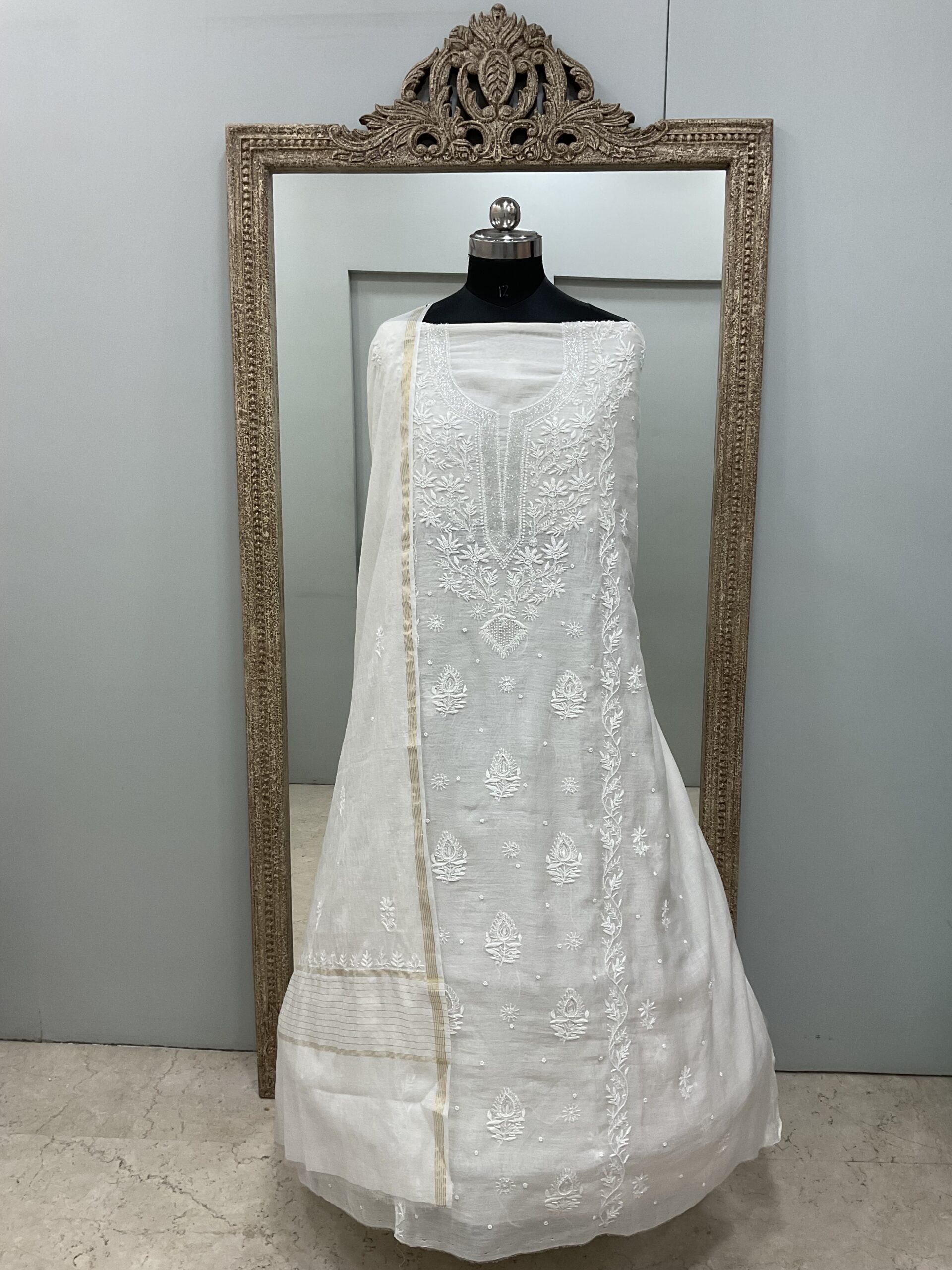 Pure Mul Cotton Straight Pearl And Addon Work With Dupatta White 04