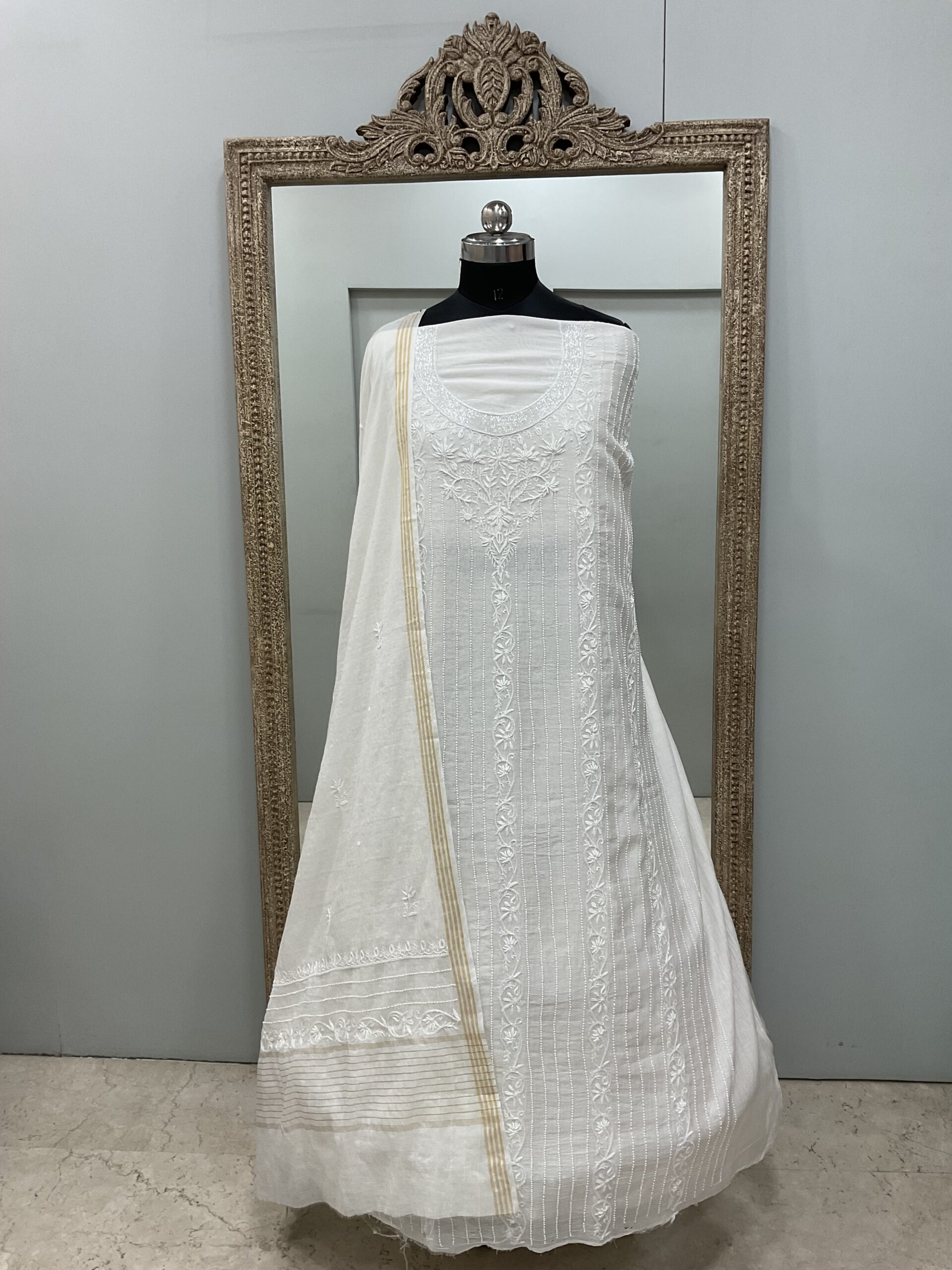 Pure Mul Cotton Straight Pearl And Addon Work With Dupatta White 03