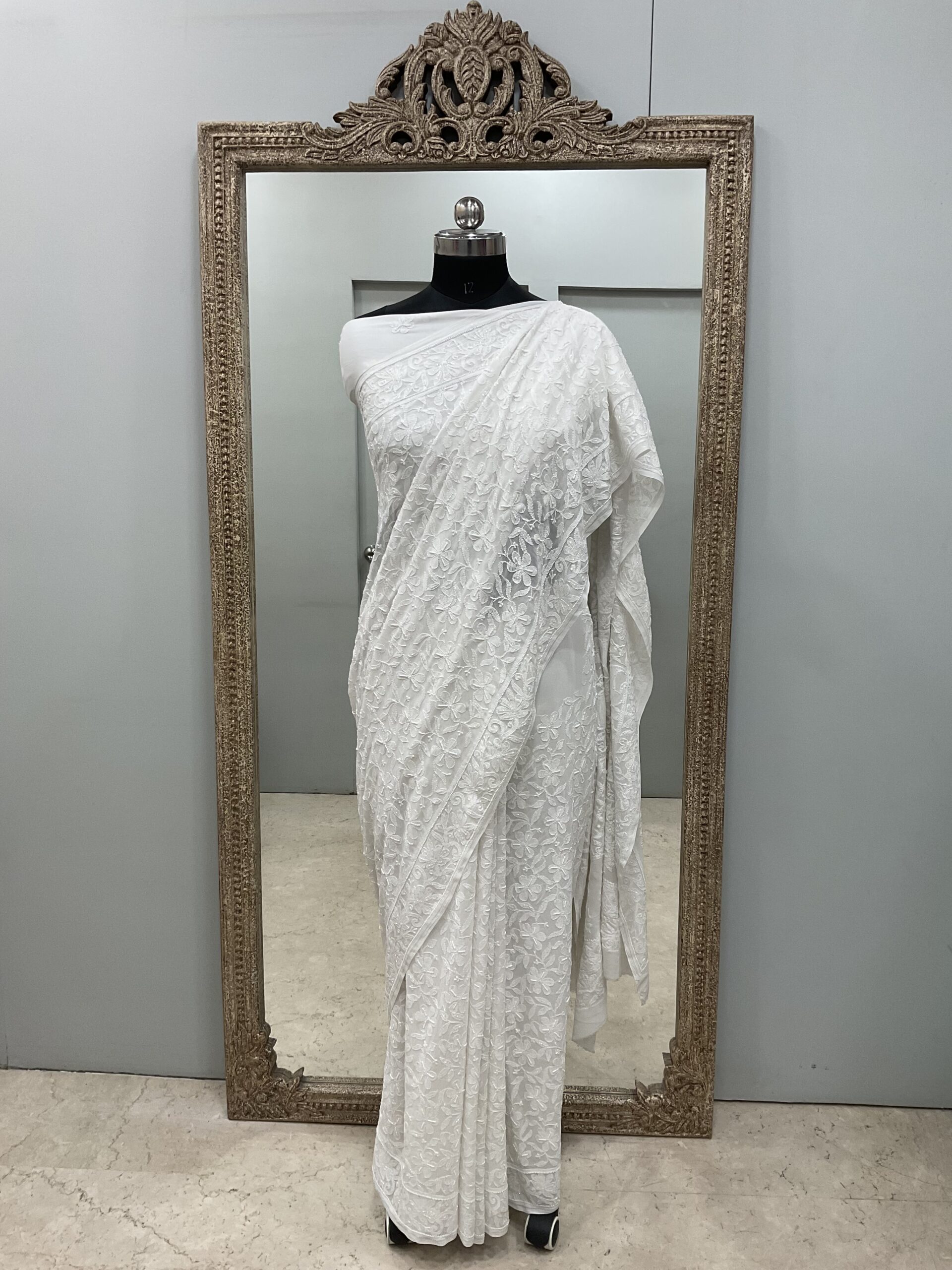 Pure Georgette Saree full jaal with Heavy Cutdana, Pearl and Heavy Sequence White