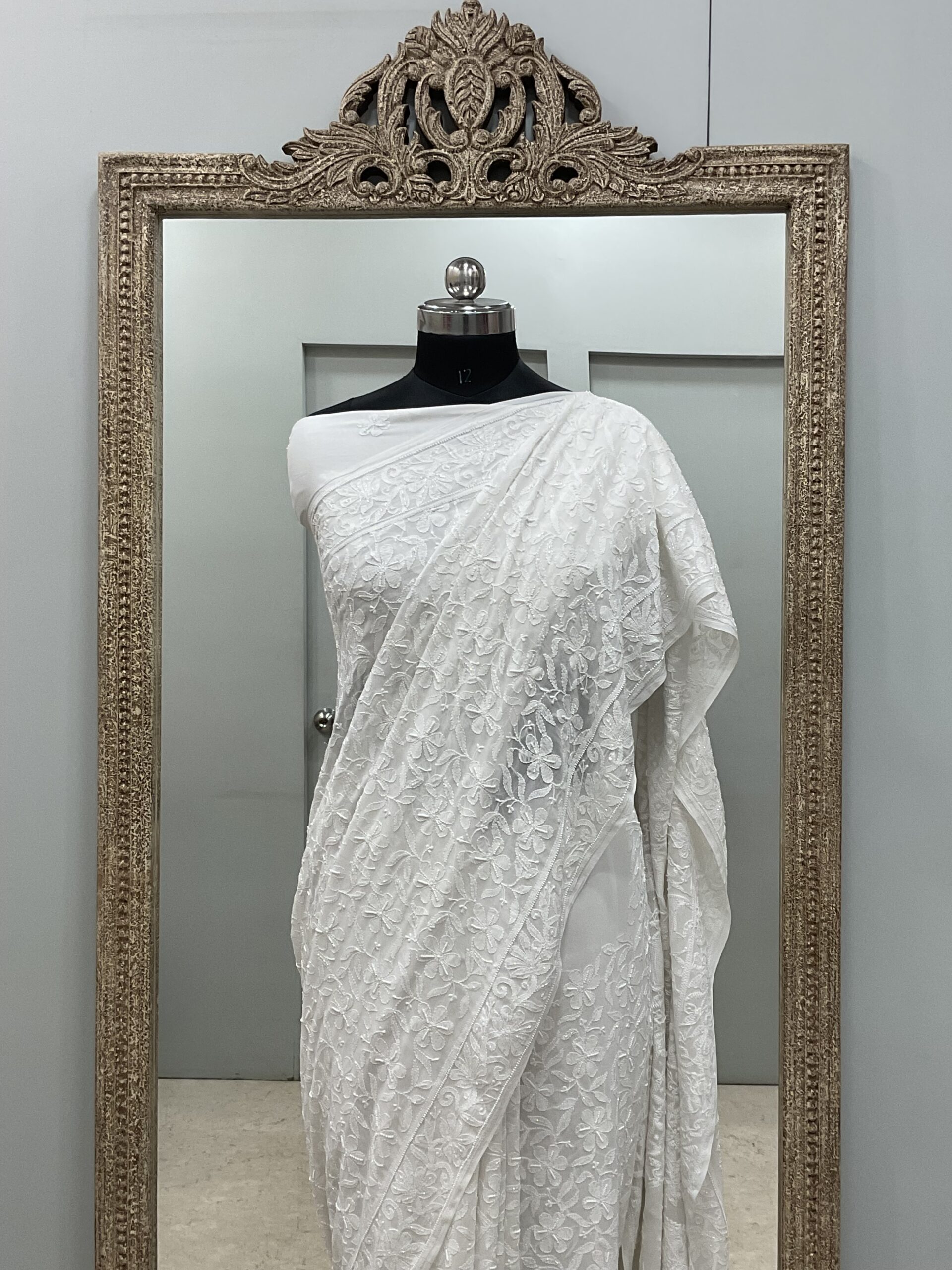 Pure Georgette Saree full jaal with Heavy Cutdana, Pearl and Heavy Sequence White