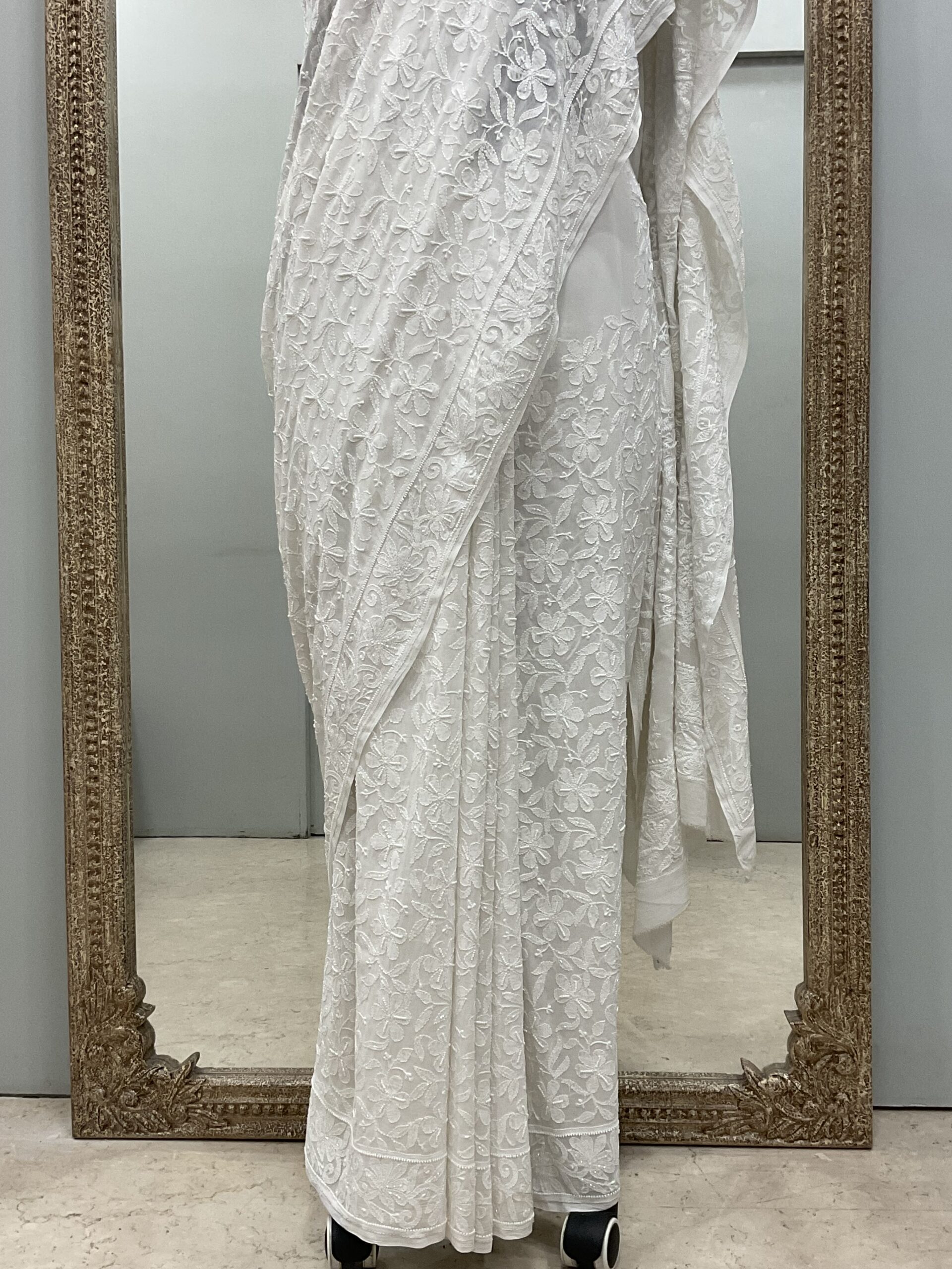 Pure Georgette Saree full jaal with Heavy Cutdana, Pearl and Heavy Sequence White