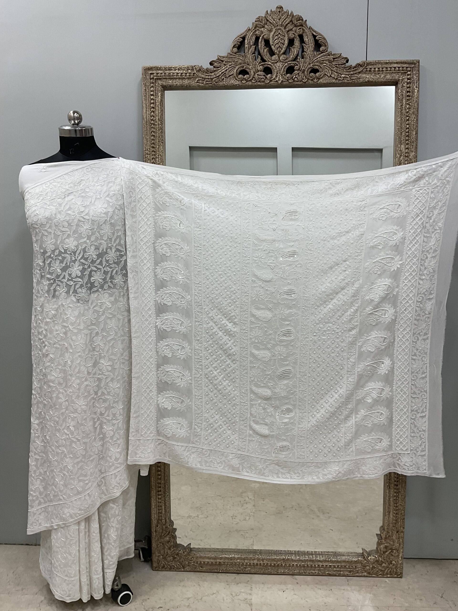 Pure Georgette Saree full jaal with Heavy Cutdana, Pearl and Heavy Sequence White