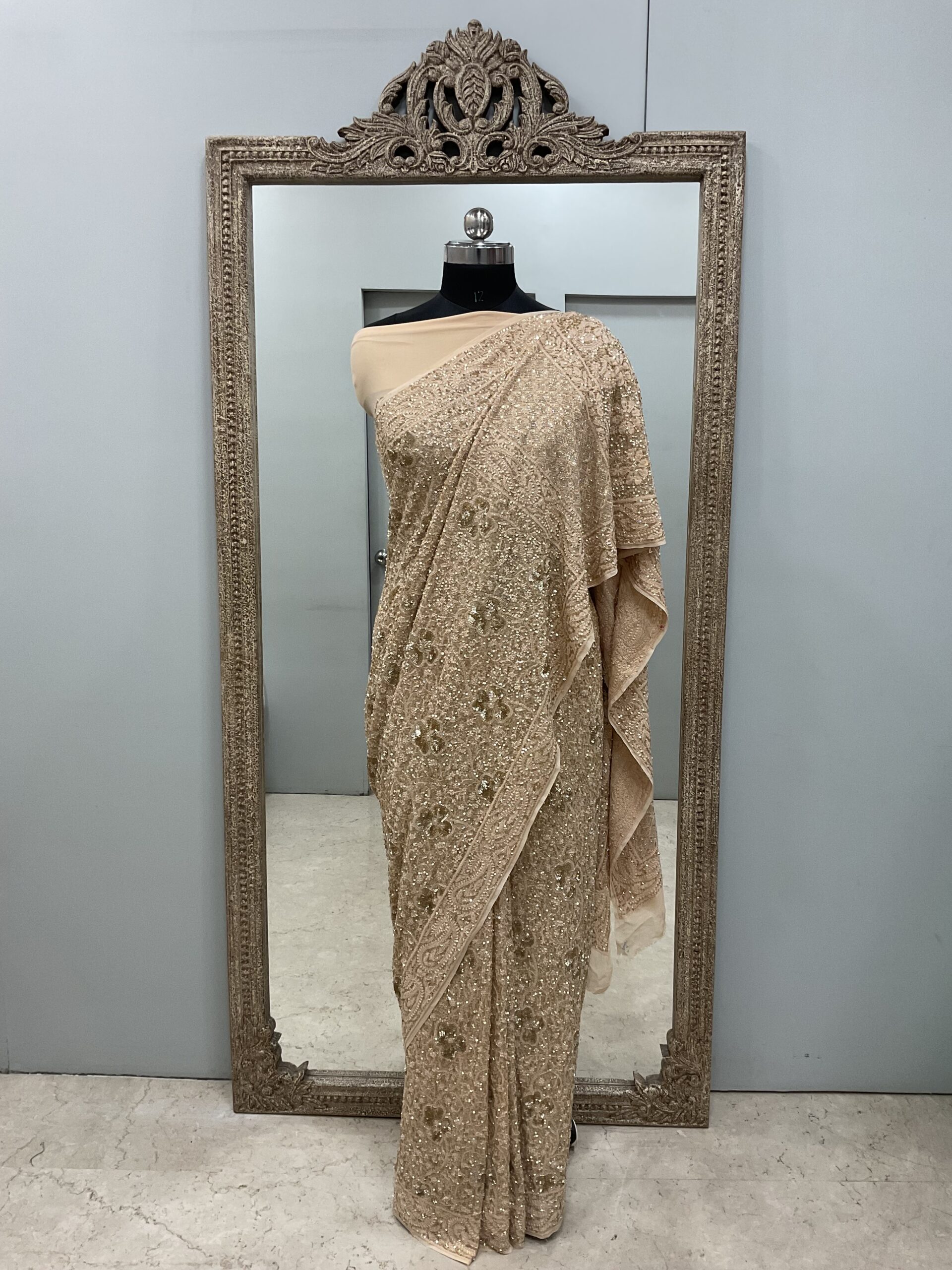 Pure Georgette Saree Superfine Work full jaal with Heavy Cutdana and Sequence Golden, Beige