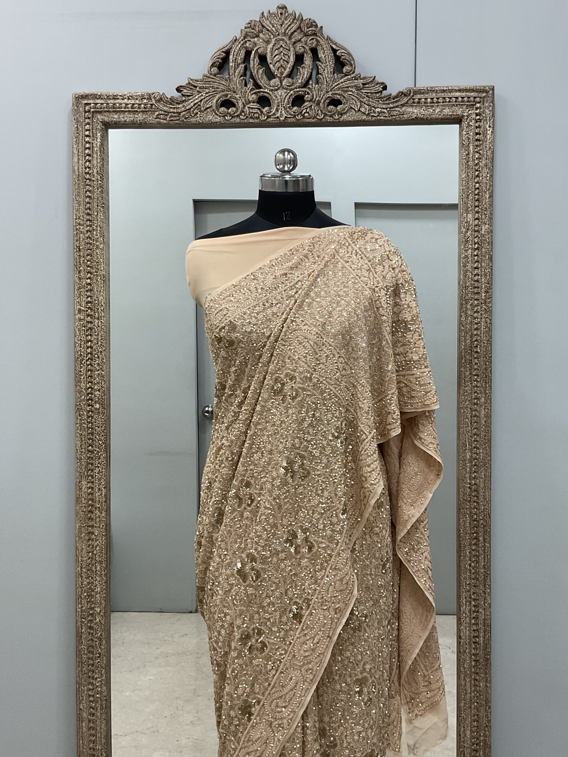 Pure Georgette Saree Superfine Work full jaal with Heavy Cutdana and Sequence Golden, Beige