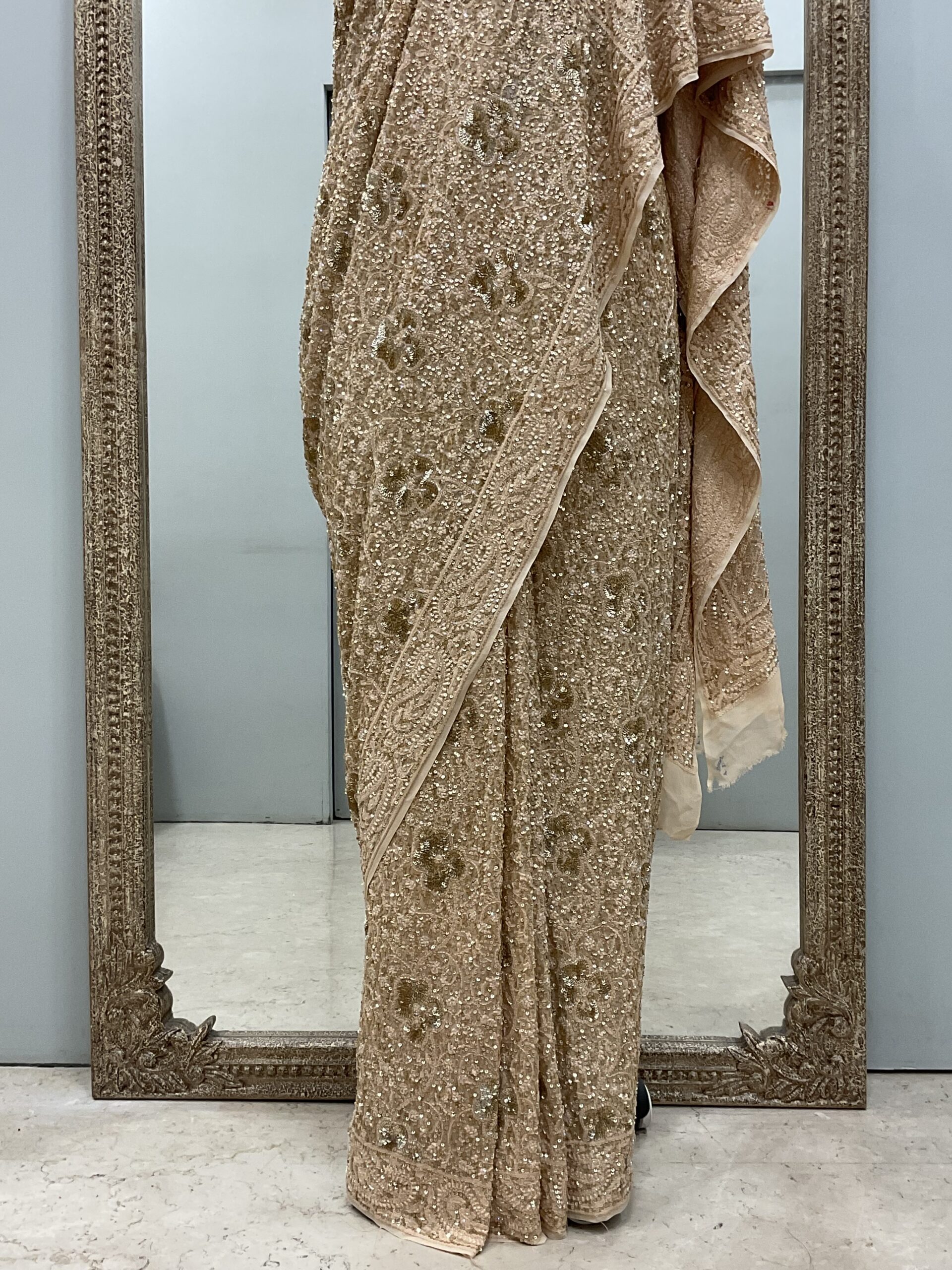 Pure Georgette Saree Superfine Work full jaal with Heavy Cutdana and Sequence Golden, Beige