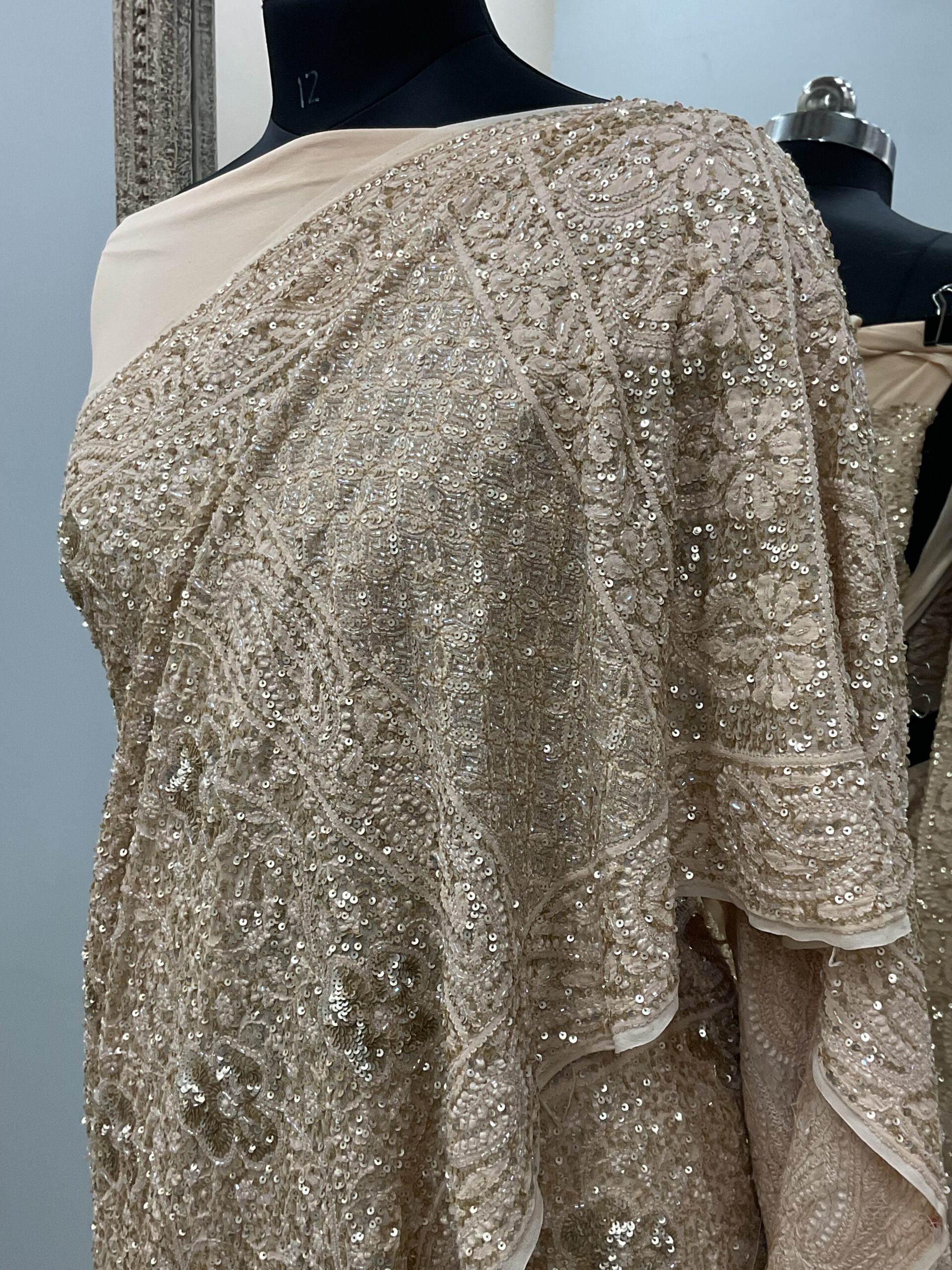 Pure Georgette Saree Superfine Work full jaal with Heavy Cutdana and Sequence Golden, Beige