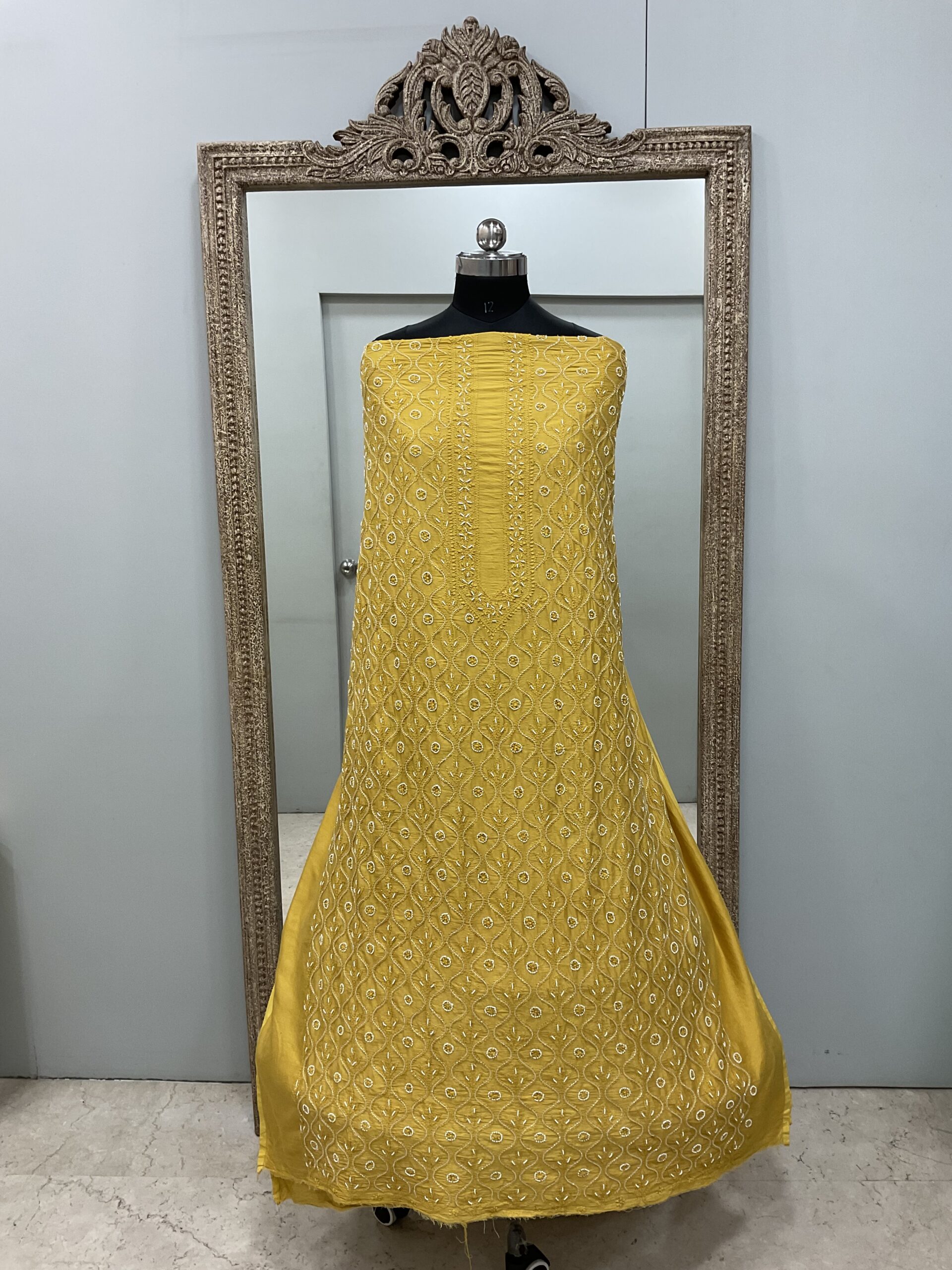 Gents Kurta Pure Chanderi Front Jaal Heavy Cutdana and Pearl Mustard Yellow