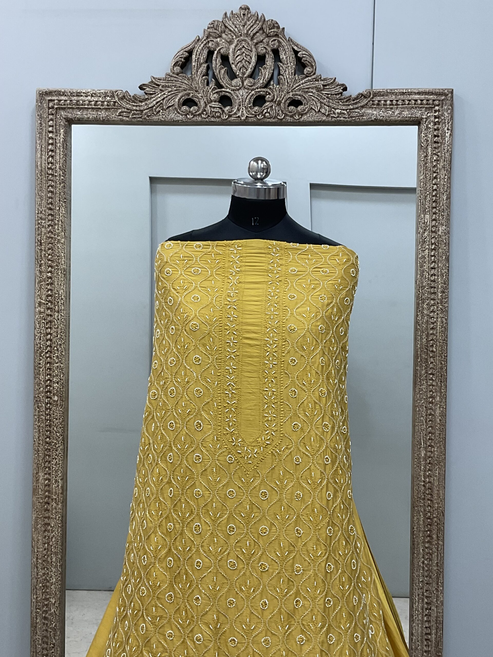 Gents Kurta Pure Chanderi Front Jaal Heavy Cutdana and Pearl Mustard Yellow