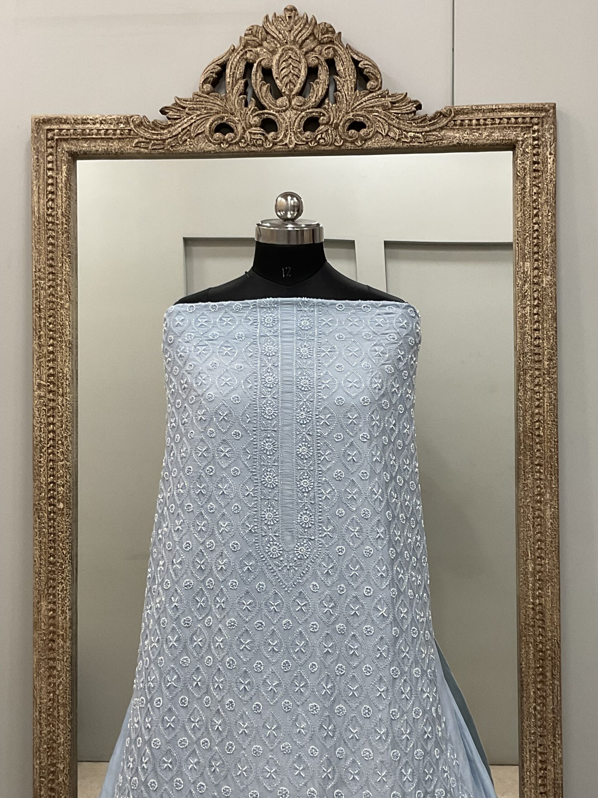 Gents Kurta Pure Chanderi Front Jaal Heavy Cutdana and Pearl Blue