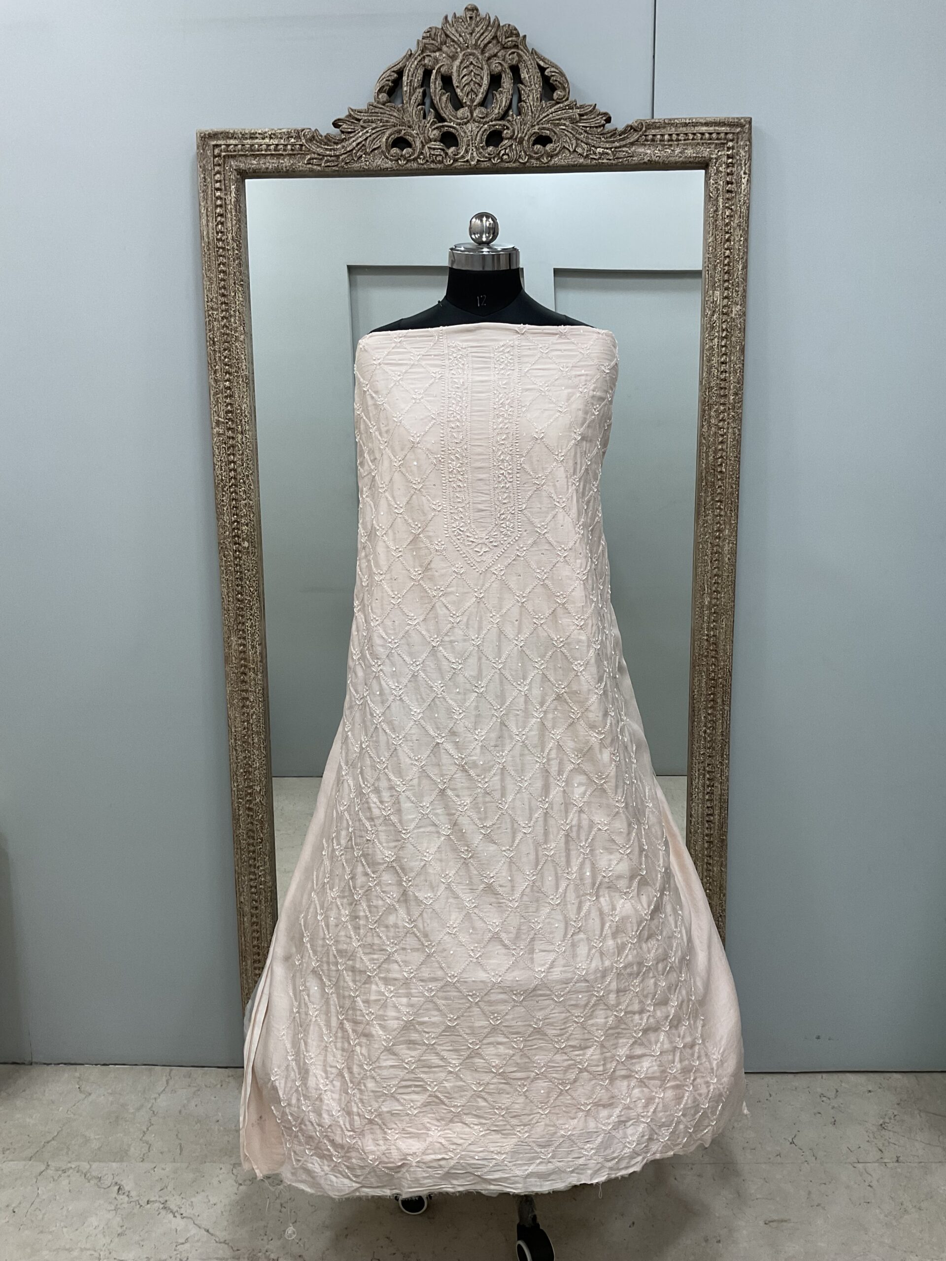 Gents Kurta Pure Chanderi Front Jaal Heavy Cutdana and Pearl Powder Peach