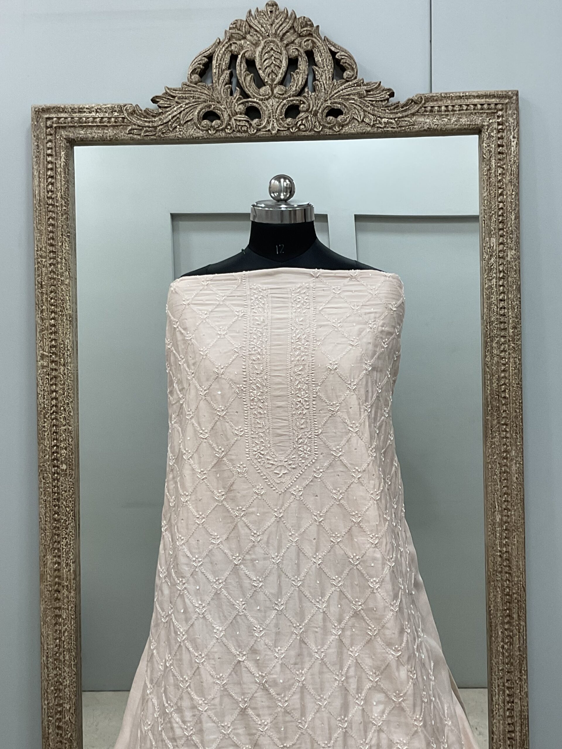 Gents Kurta Pure Chanderi Front Jaal Heavy Cutdana and Pearl Powder Peach