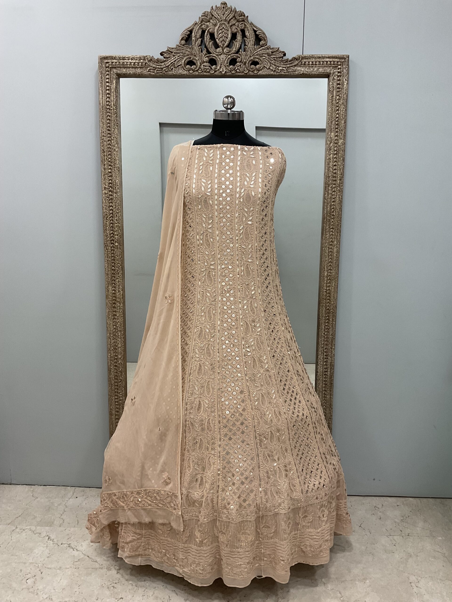 Anarkali Heavy Mirror and Gota Beige